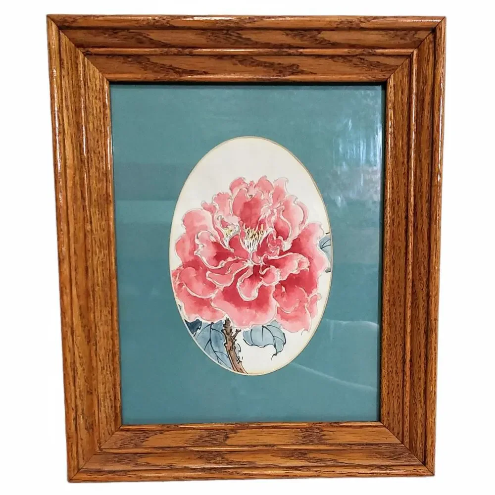 Pink Peony Watercolor Wood Framed Matted Unsigned - Picture 1 of 7